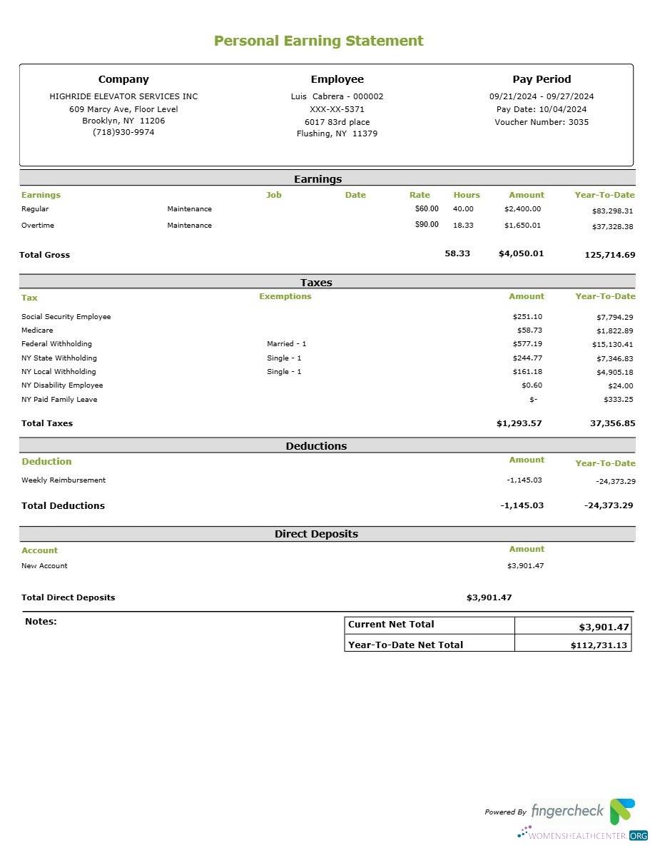 Highride Elevator Services INC personal earning statement template in Word and PDF formats.pdf, 1